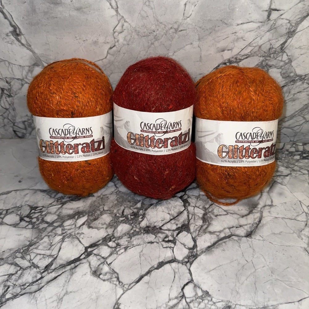 Cascade Yarns Glitteratzi Red Orange Fall Yarn Acrylic Poly Nylon Wool Lot NEW